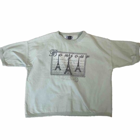 Vintage 90s Bon Jour Paris Crewneck Sweatshirt Cropped Light Green Oversized M/L - Picture 2 of 8